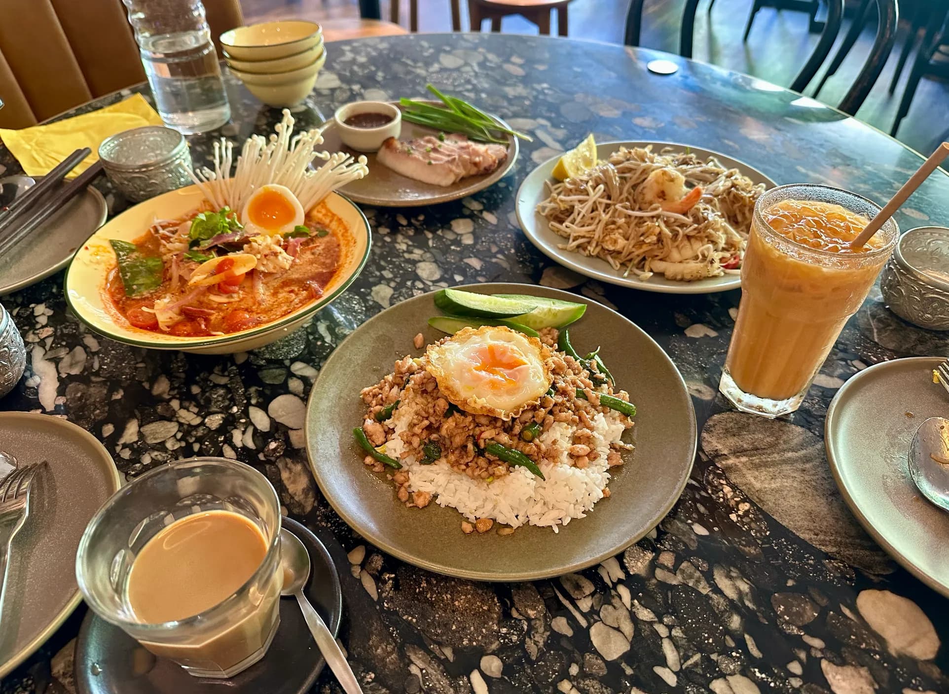 Rice, noodle and grilled pork dishes with drinks at Chat Thai Chatswood