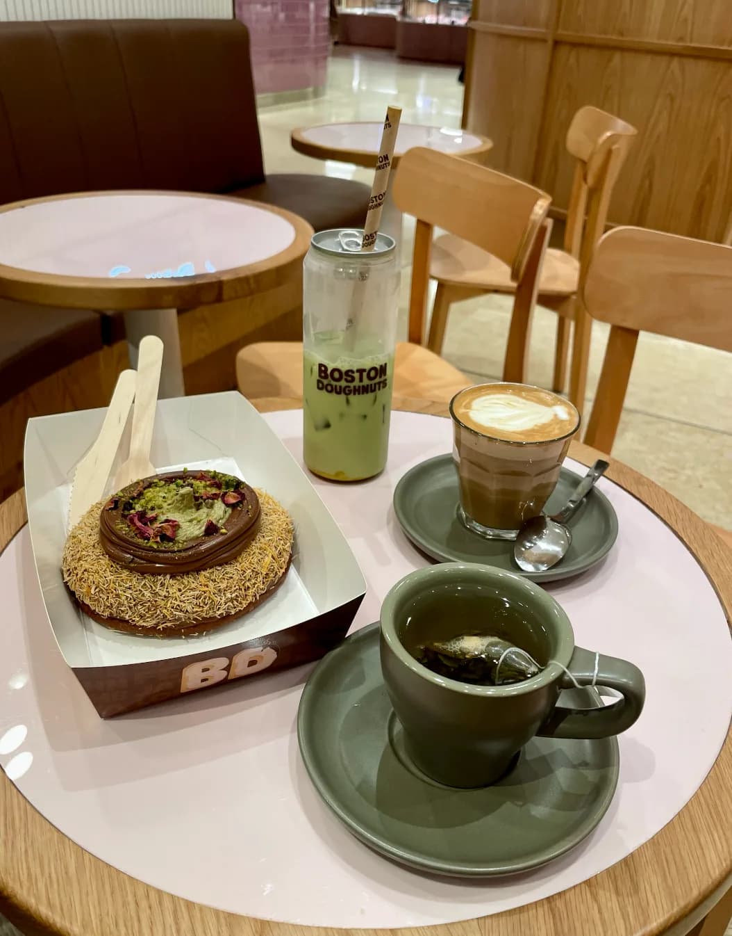 Doughnut, iced matcha, coffee and tea at Boston Doughnuts Chatswood Chase