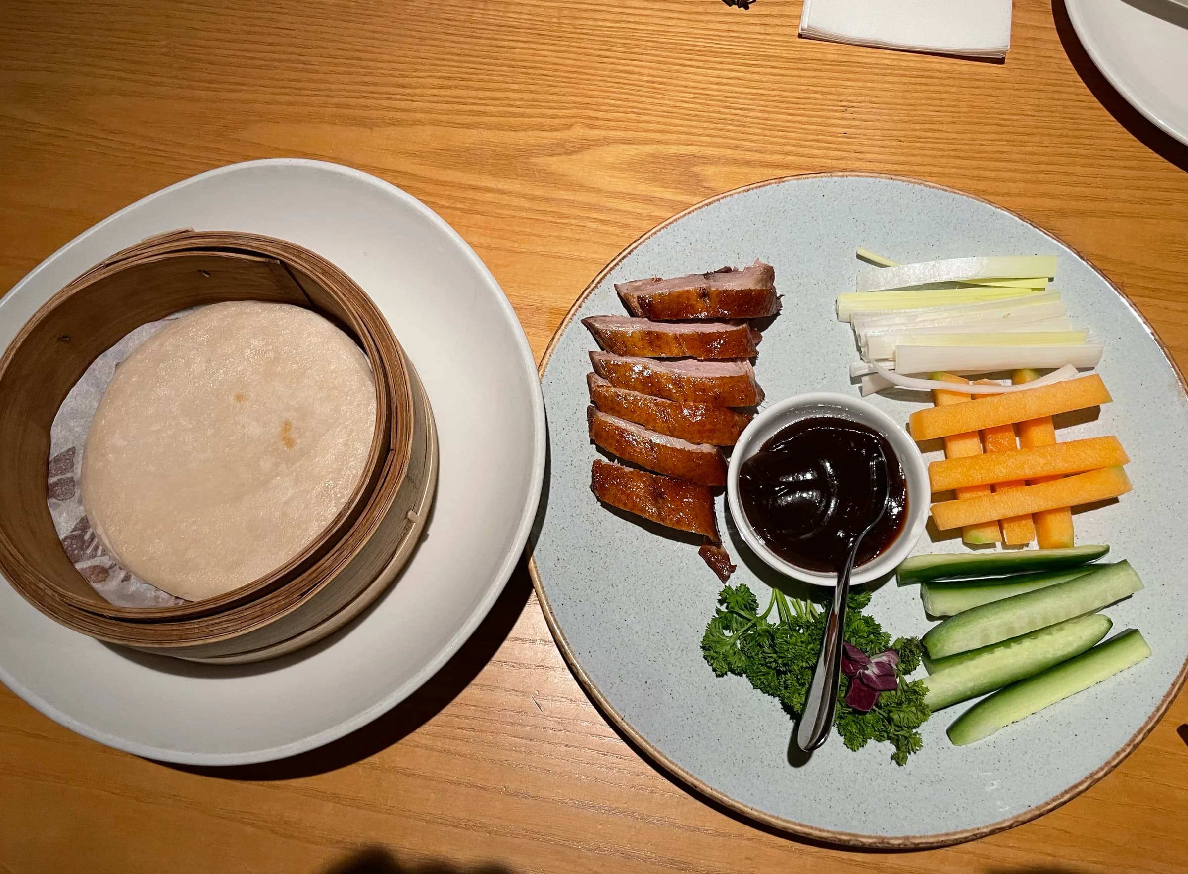 Peking duck with pancakes, vegetables and sauce at Mama Mulan Chatswood