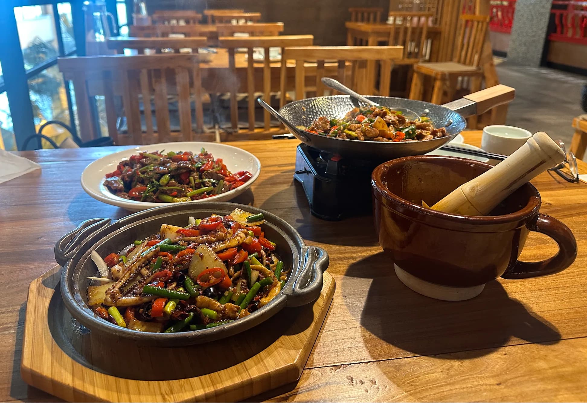 Shared meal with chilli dishes at Little Hunan Chatswood